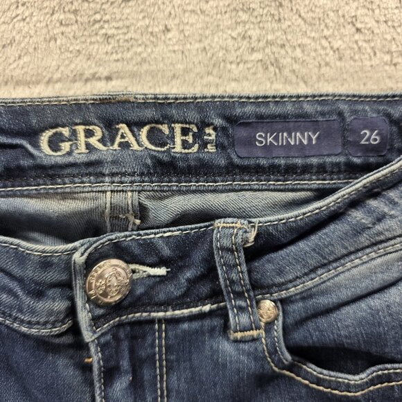 Grace in LA Jeans Women's 26 Blue Skinny Distressed Patched Distressed Hem - Picture 5 of 11